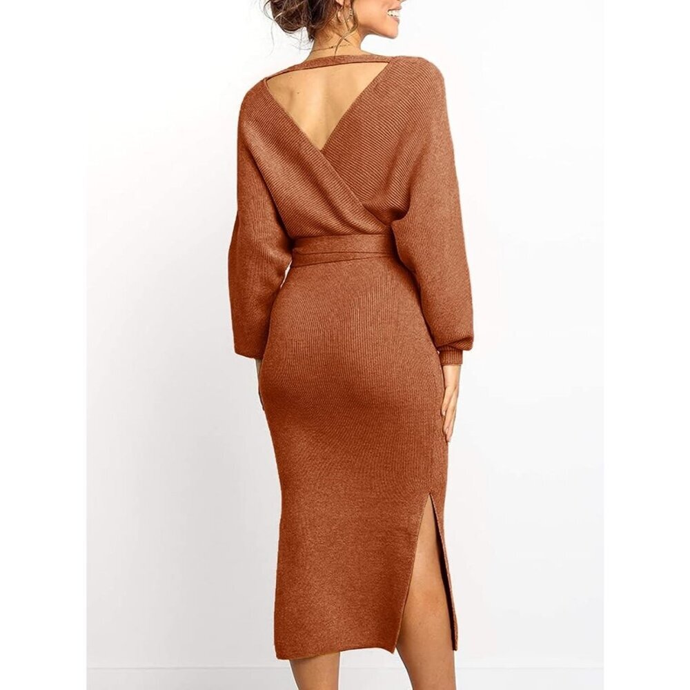 Women's Sweater Dress Wrap Batwing V Neck Slit Bodycon Dress with Belt Rust - Picture 3 of 6